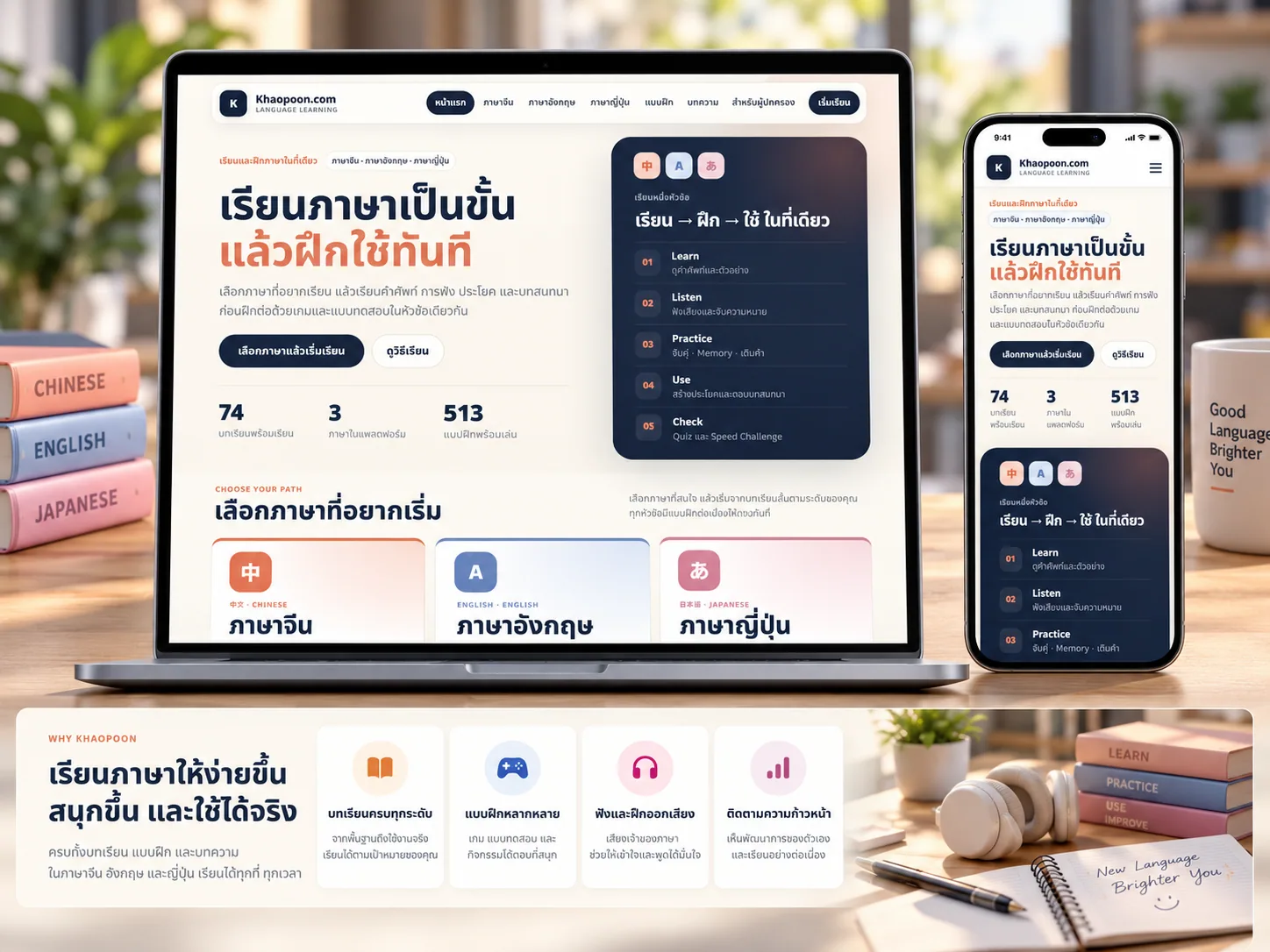 ภาพตัวอย่างเว็บไซต์ Khaopoon.com สำหรับเรียนภาษาอังกฤษและภาษาจีนบนคอมพิวเตอร์และโทรศัพท์